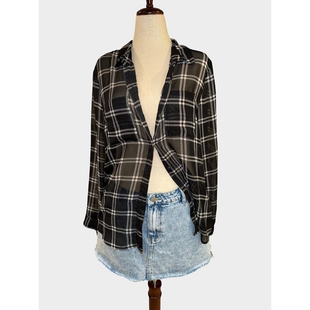 Women’s Gap Sheer Plaid Button Up‎ Shirt Black White Size Large